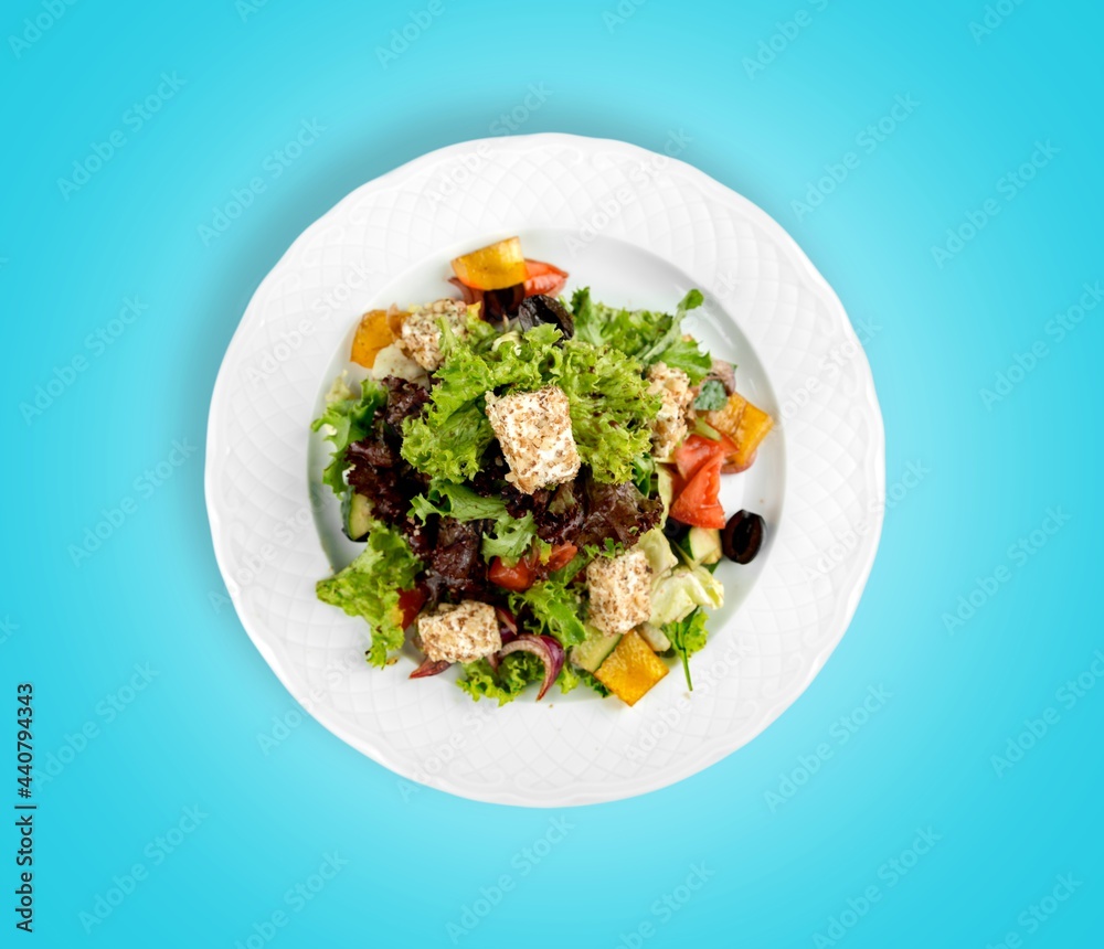 Classic tasty salad with fresh vegetables, cheese. Healthy food.