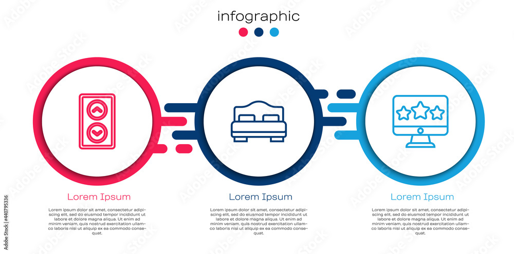 Set line Lift, Hotel room bed and Five stars rating review. Business infographic template. Vector