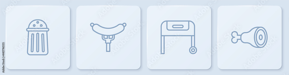 设线盐、烧烤架、叉子上的香肠和鸡腿。白色方形按钮。矢量