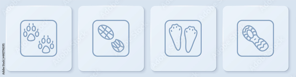 Set line Paw print，Rabbit and hare Paw footprint，Human footprints shoes and。白色方形按钮。