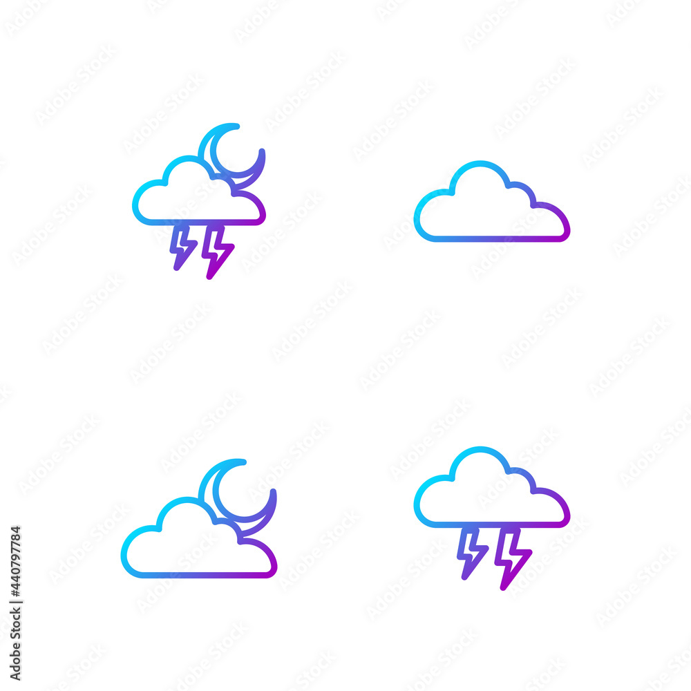 设置风暴、带月亮的云和渐变色图标。矢量