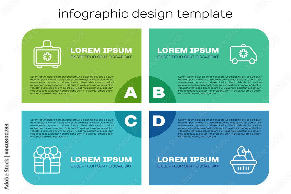 套装礼盒、急救箱、捐赠食品和急救车。商业信息图模板。Ve