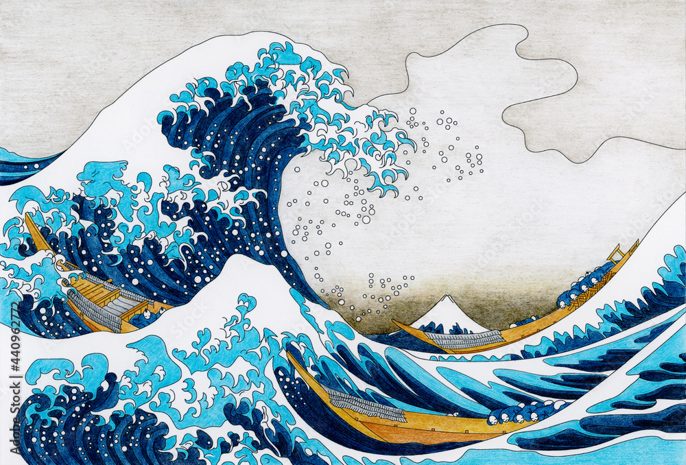 The Great Wave of Kanagawa (1829–1833) by Katsushika Hokusai: adult coloring page