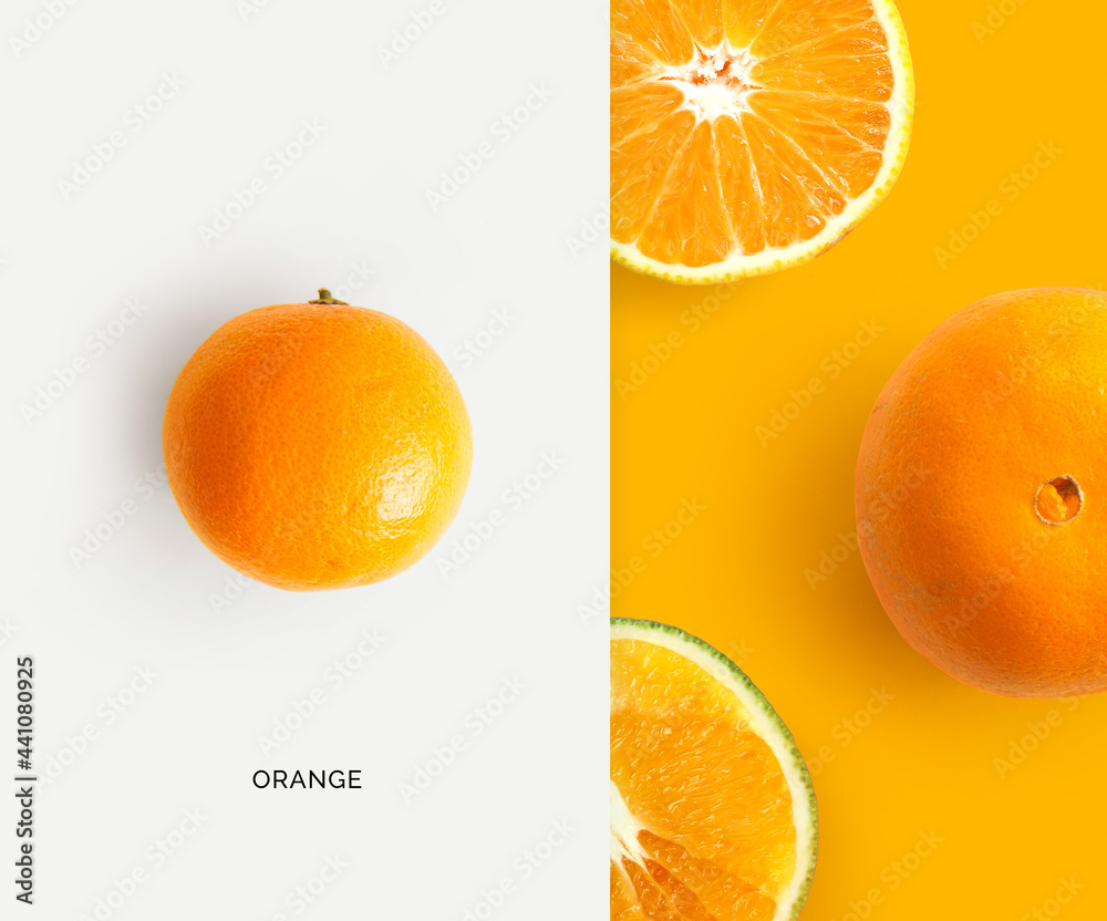 Creative layout made of orange. Flat lay. Food concept. Macro concept.