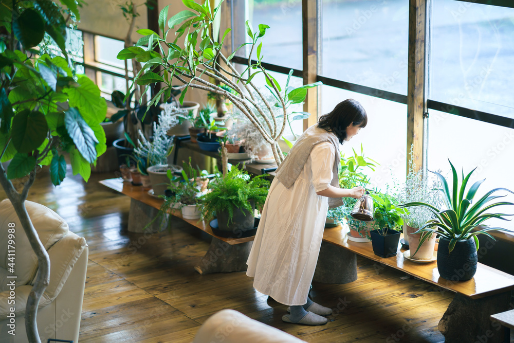 笑顔で観葉植物の様子を見る若い女性