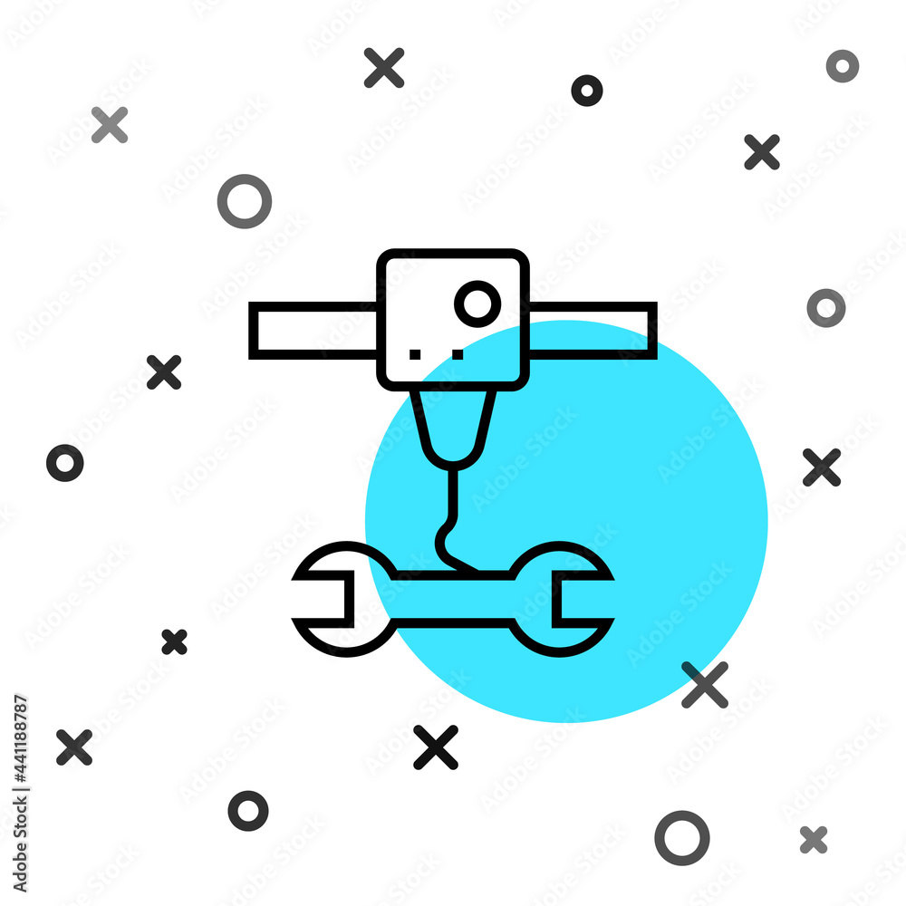 黑线3D打印机扳手扳手图标隔离在白色背景上。3D打印。随机动态
