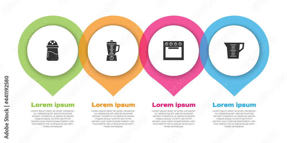设置盐、搅拌器、烤箱和量杯。商业信息图模板。矢量