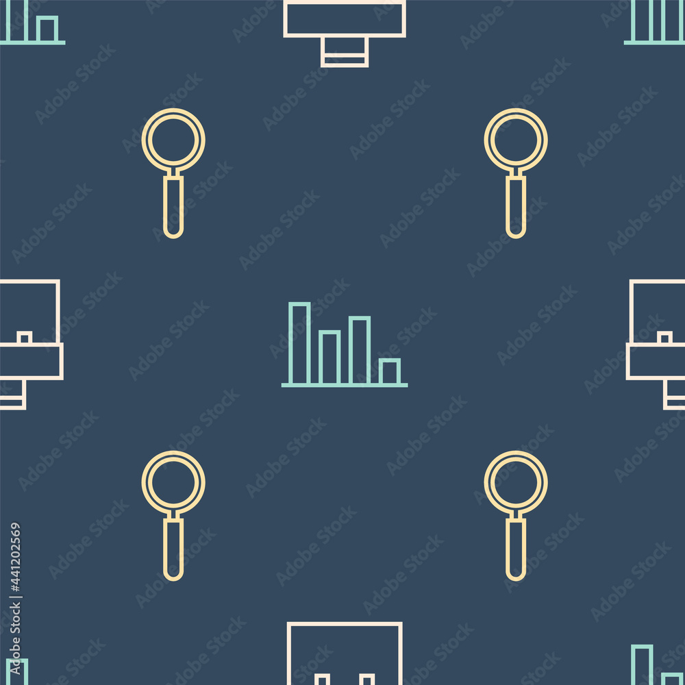 在无缝图案上设置线条公文包、放大镜和饼图信息图。矢量