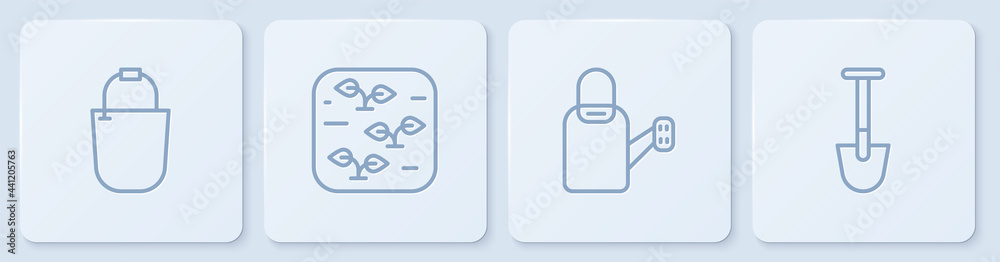 设置线铲斗、水罐、装置和铲子。白色方形按钮。矢量