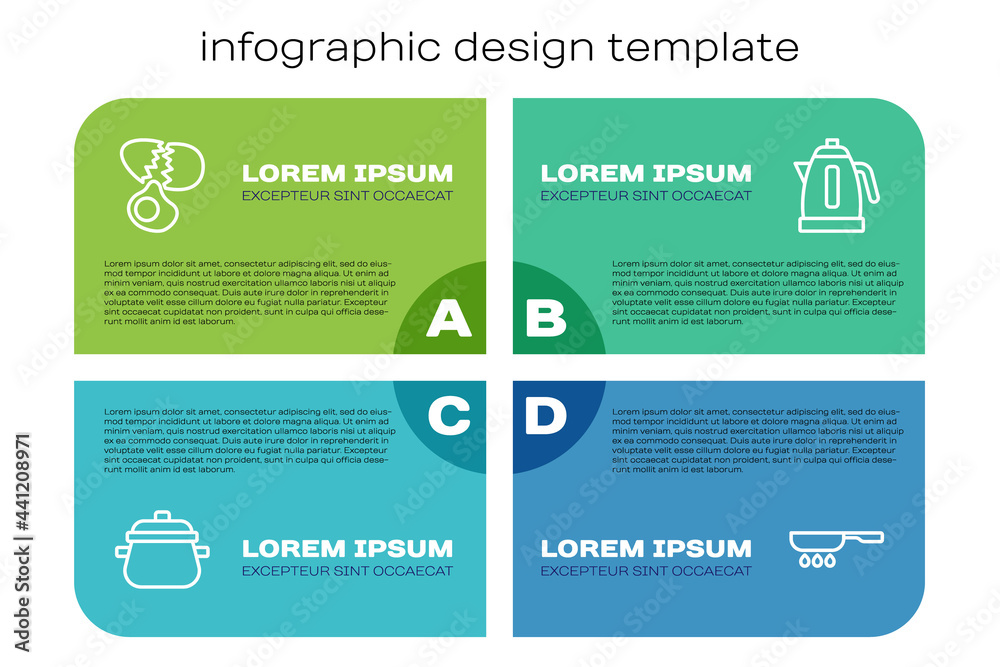设置线烹饪锅，鸡蛋，煎锅和电热水壶。商业信息图模板。Vec