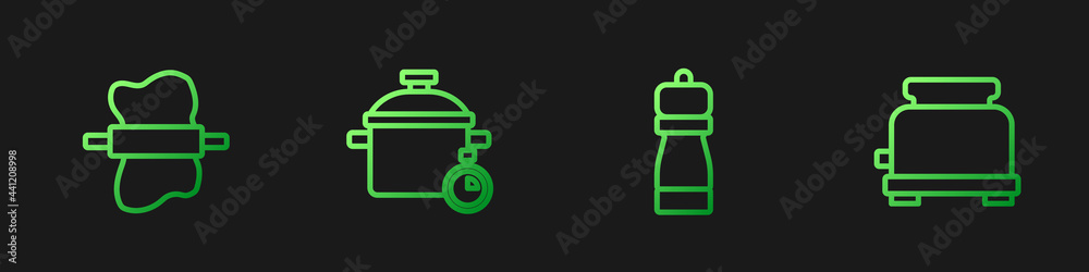 辣椒、擀面棍、锅和烤面包机。渐变色图标。矢量