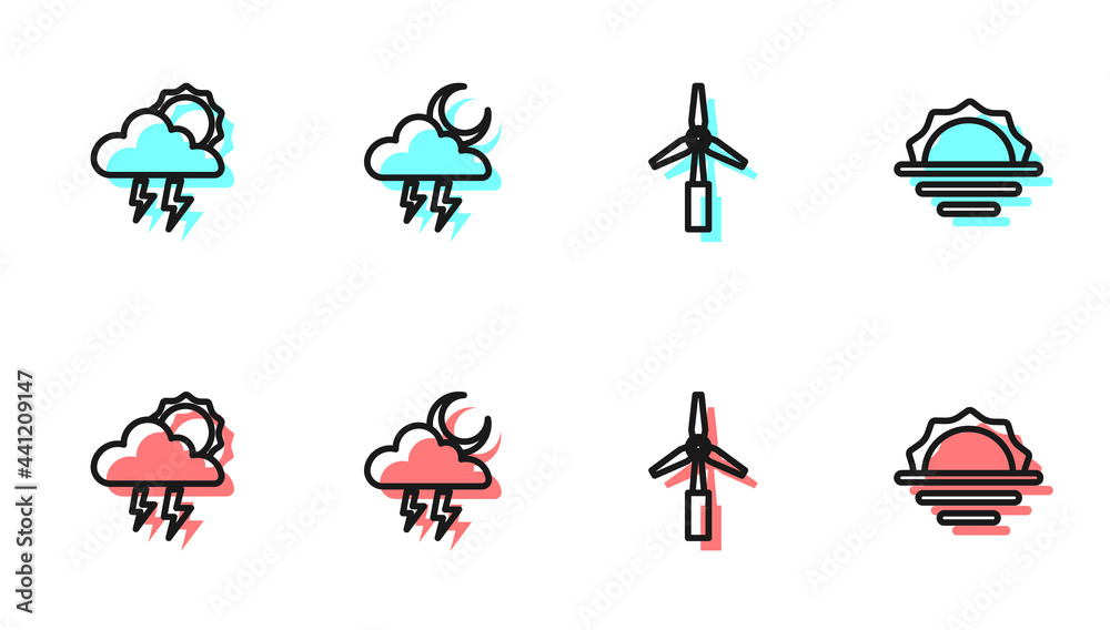 设置风力涡轮机、风暴和日出图标。矢量