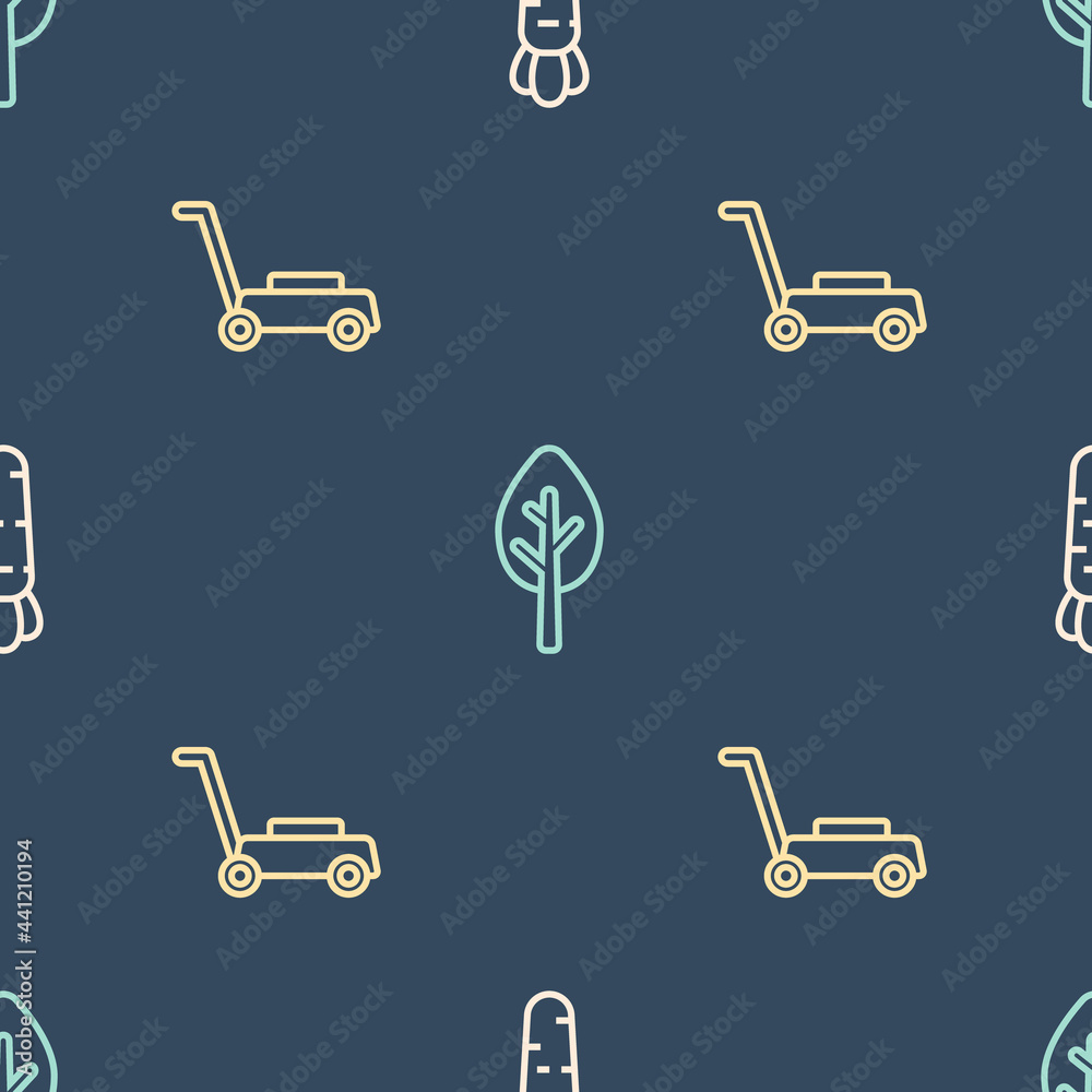 Set line Carrot, Lawn mower and Forest on seamless pattern. Vector