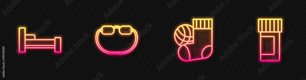 Set line Socks, Bed, Eyeglasses and Medicine bottle and pills. Glowing neon icon. Vector