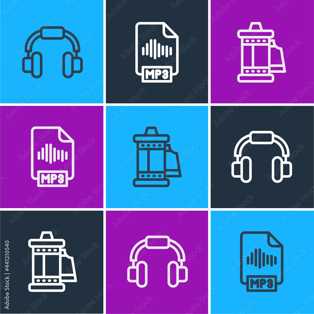 Set line Headphones, Camera roll cartridge and MP3 file document icon. Vector