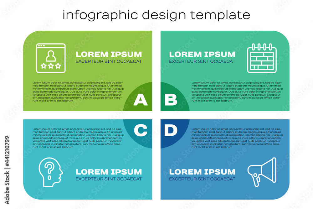 Set line Head with question mark, Customer product rating, Megaphone and Calendar. Business infograp