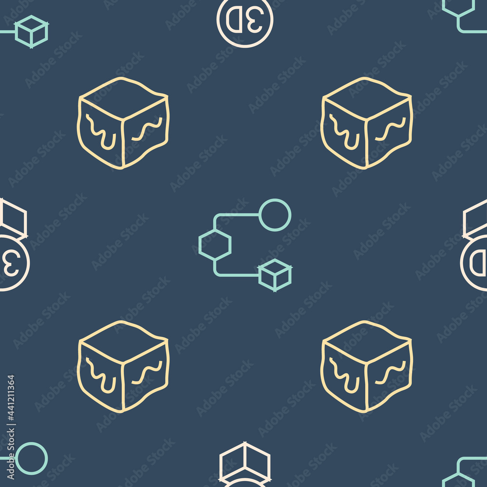 Set line Isometric cube, and on seamless pattern. Vector