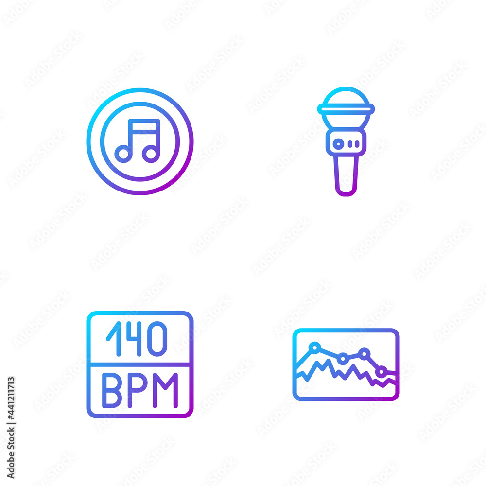 Set line Music wave equalizer, Bitrate, note, tone and Microphone. Gradient color icons. Vector