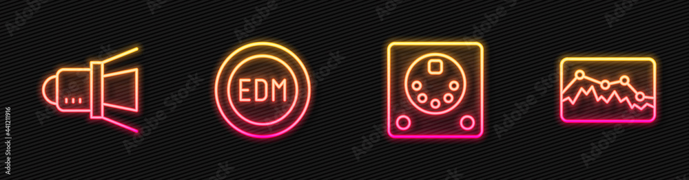 Set line Drum machine, Movie spotlight, EDM electronic dance music and Music wave equalizer. Glowing