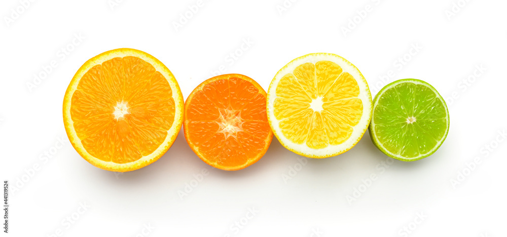 Healthy citrus fruits on white background