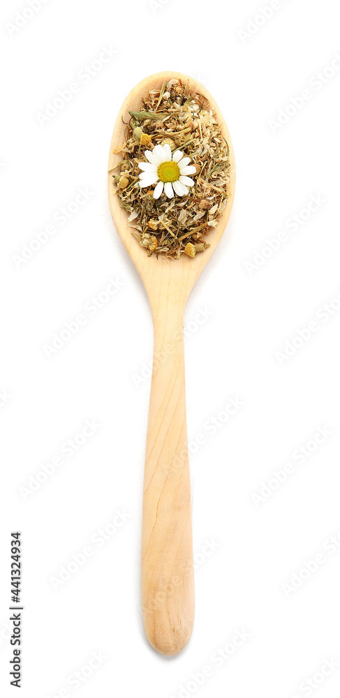 Spoon with dried chamomile flowers on white background