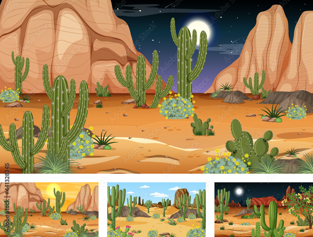 Different desert forest scenes with animals and plants