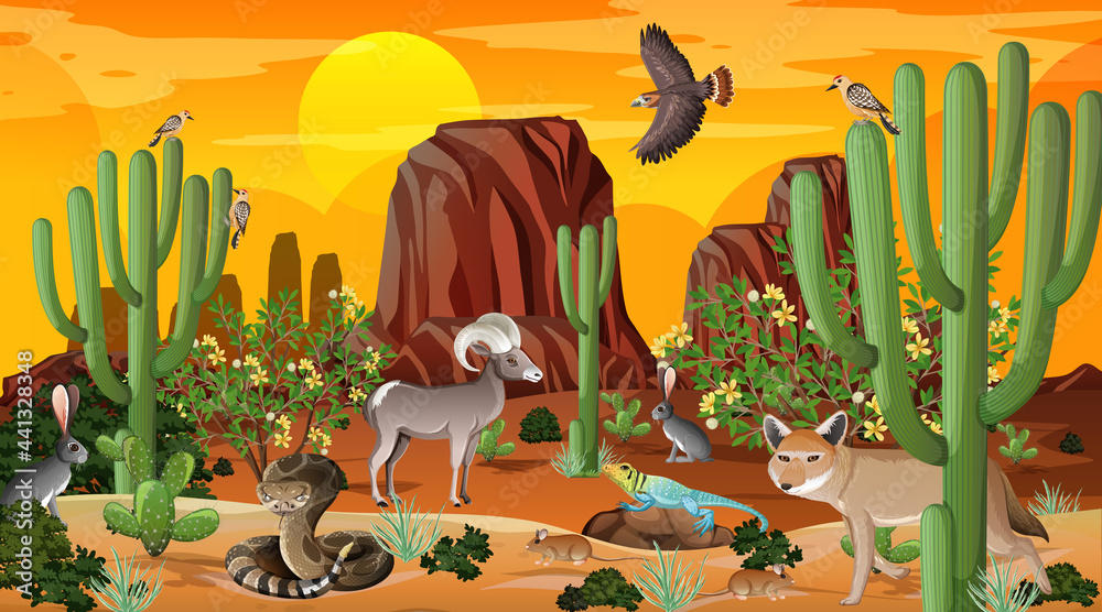 Desert forest landscape scene at sunset time with wild animals