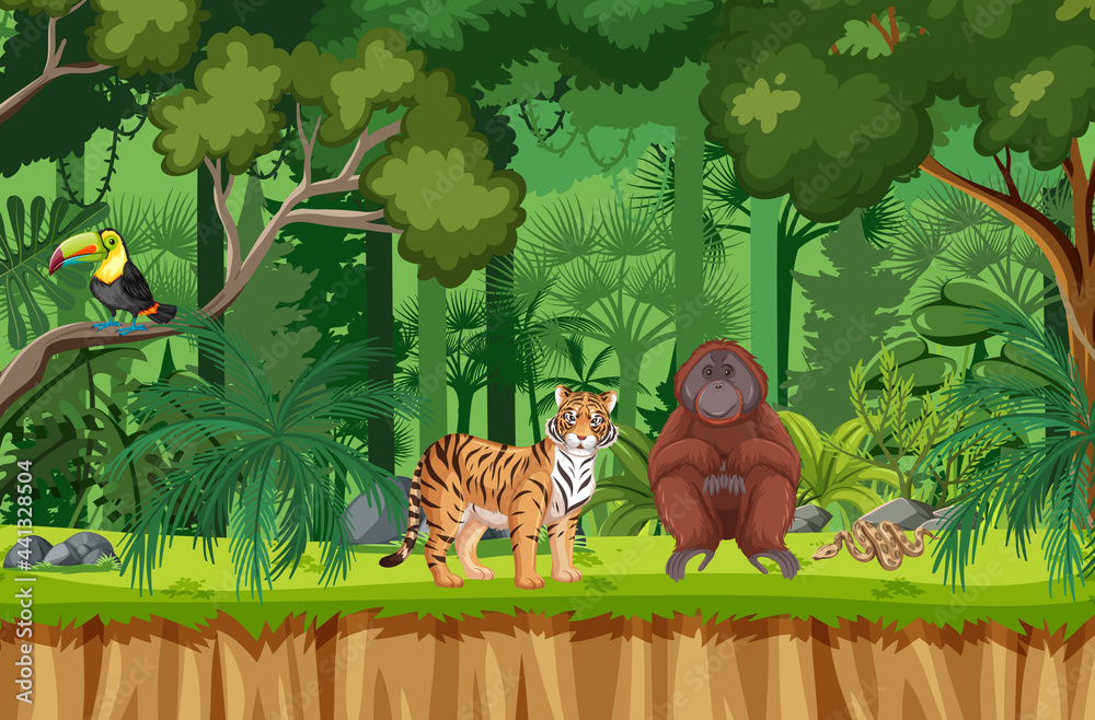 Tropical rainforest scene with various wild animals