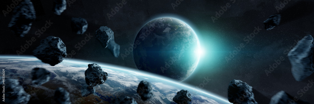 Panoramic space planets background. Panorama of distant solar system with exoplanets 3D rendering el