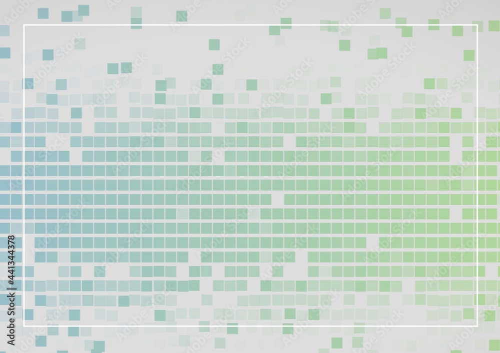 白色线条框架，灰色背景上有绿色马赛克方块的复制空间