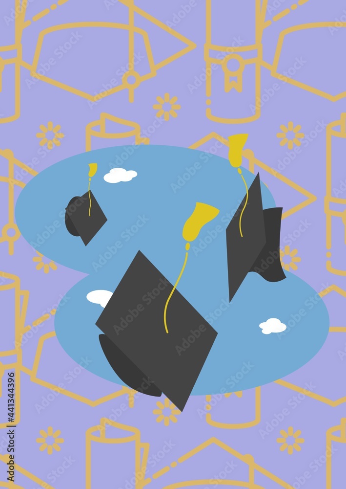 Multiple graduation hat icon against graduation hat and diploma icons on purple background