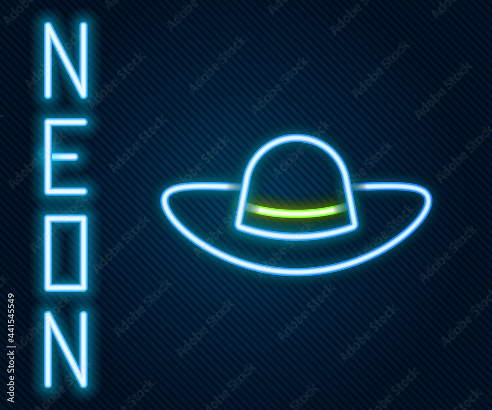 Glowing neon line Elegant women hat icon isolated on black background. Colorful outline concept. Vec