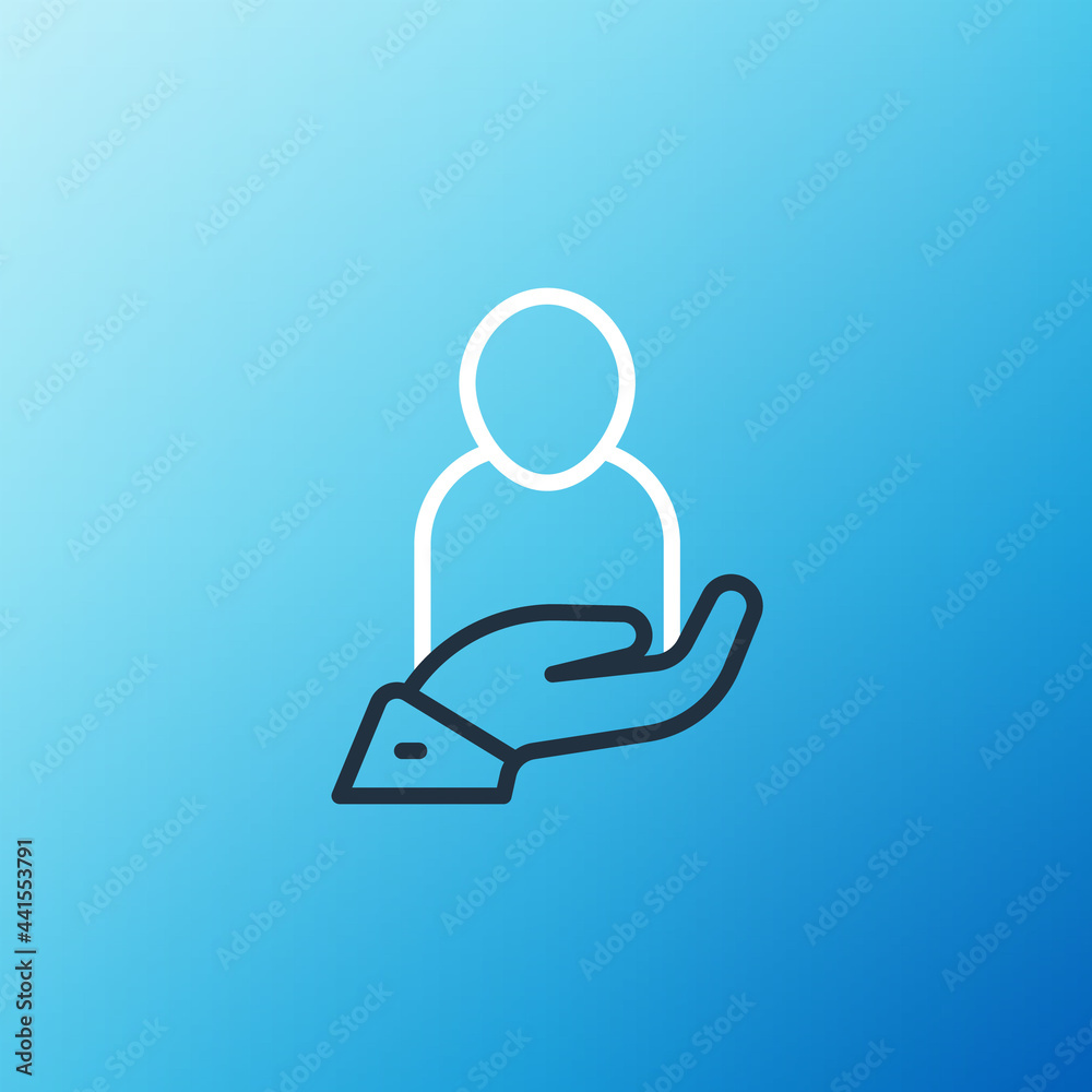 Line Life insurance in hand icon isolated on blue background.Security，safety，protection，protect（手中的线