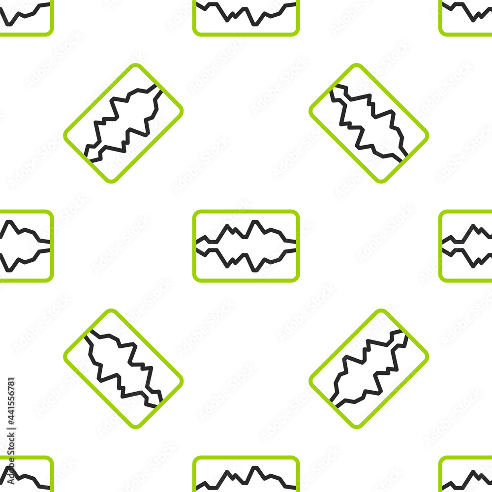 线路音乐波形均衡器图标在白色背景上隔离无缝图案。声波。音频数字