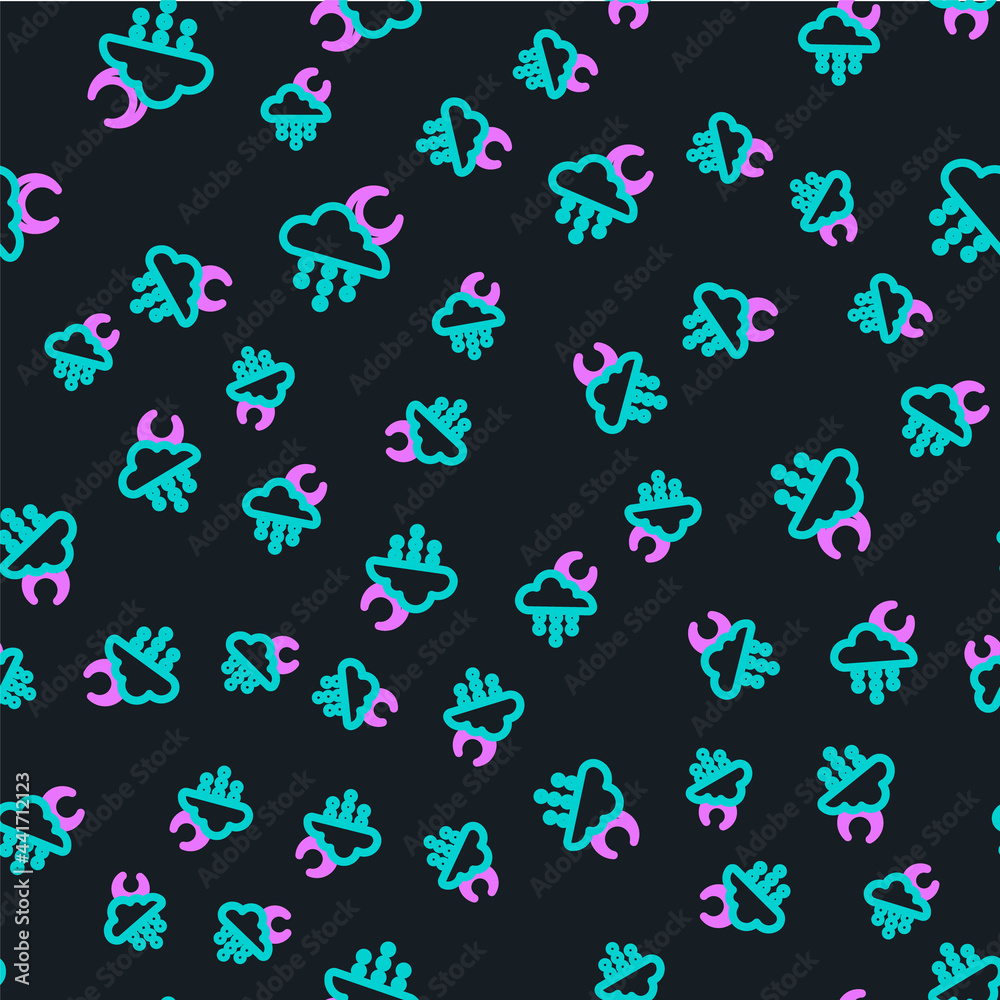 Line Cloud with rain and moon icon isolated seamless pattern on black background. Rain cloud precipi