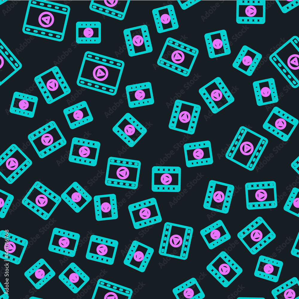 Line Play Video icon isolated seamless pattern on black background. Film strip sign. Vector