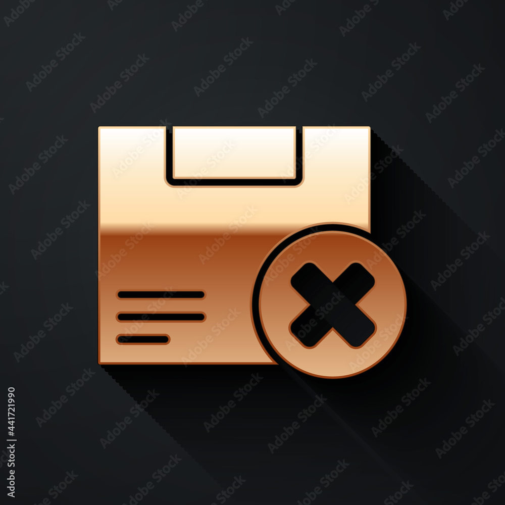 Gold Carton cardboard box and delete icon isolated on black background. Box, package, parcel sign. D