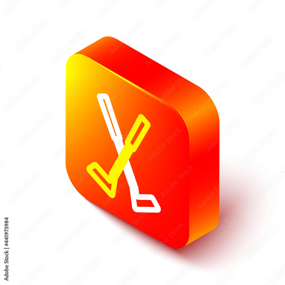 Isometric line Crossed golf club icon isolated on white background. Orange square button. Vector