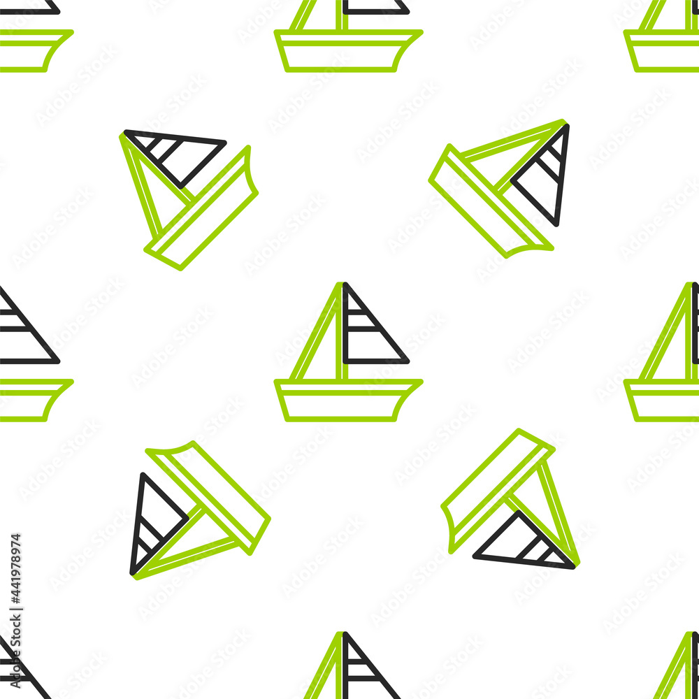 Line Yacht sailboat or sailing ship icon isolated seamless pattern on white background. Sail boat ma