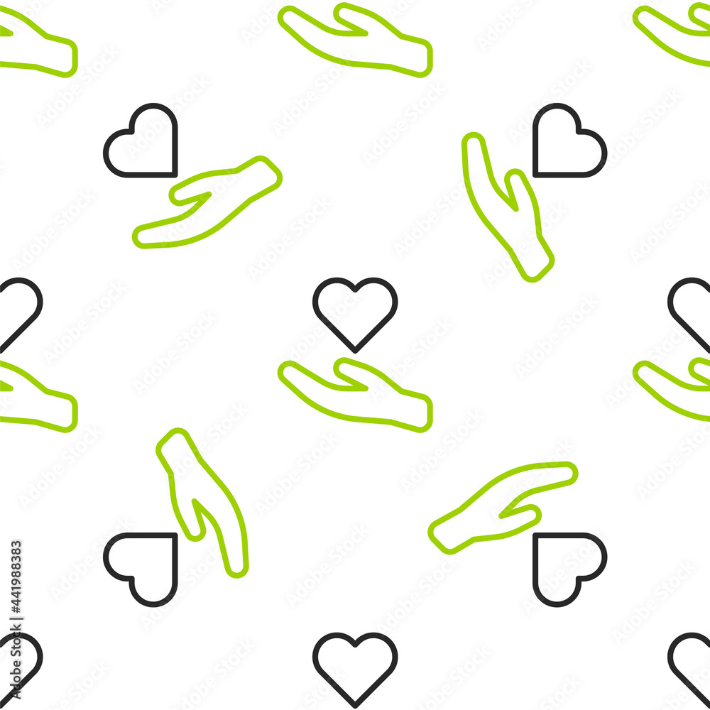 Line Heart in hand图标白色背景上的隔离无缝图案。hand giving love象征。Vale