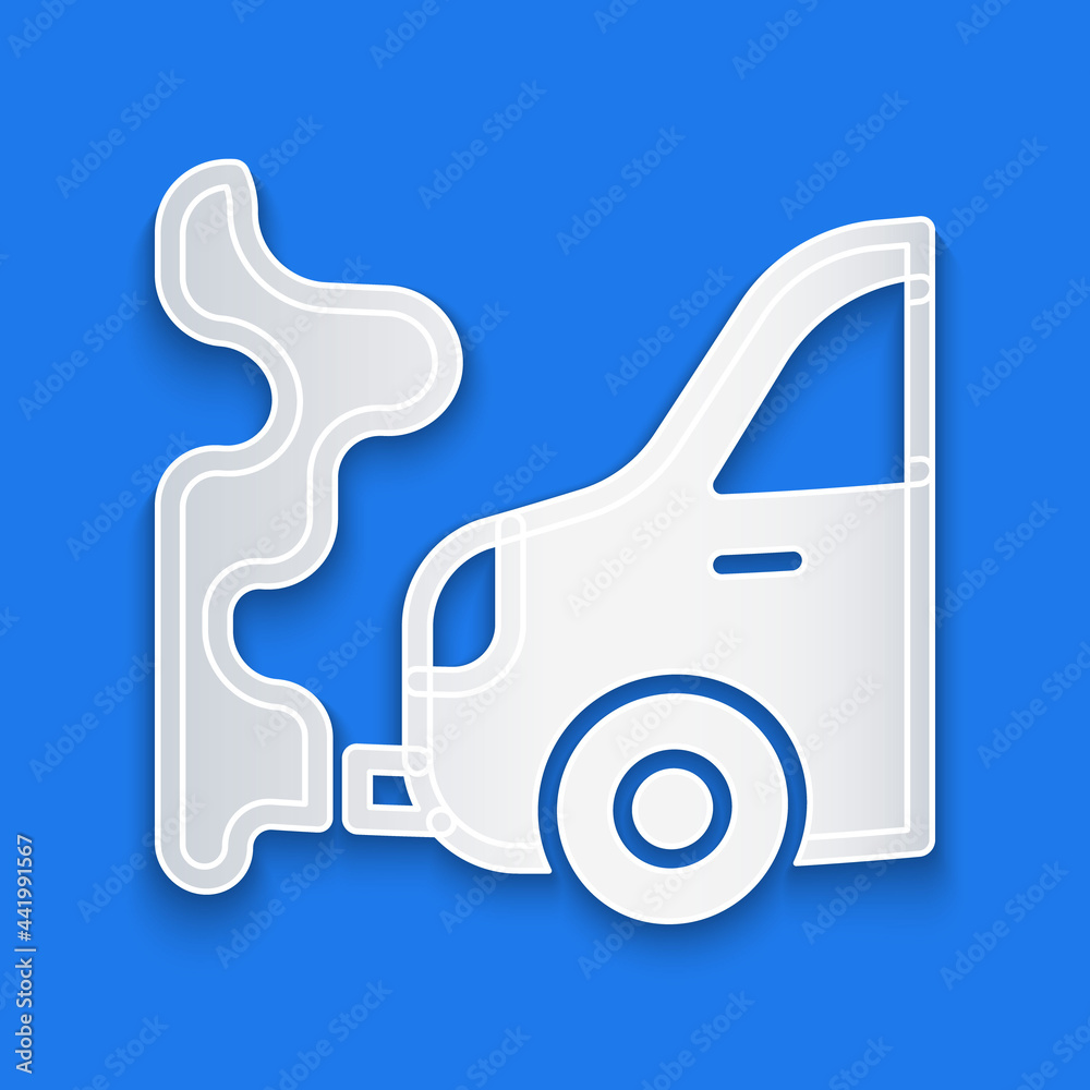 Paper cut Car exhaust icon isolated on blue background. Paper art style. Vector