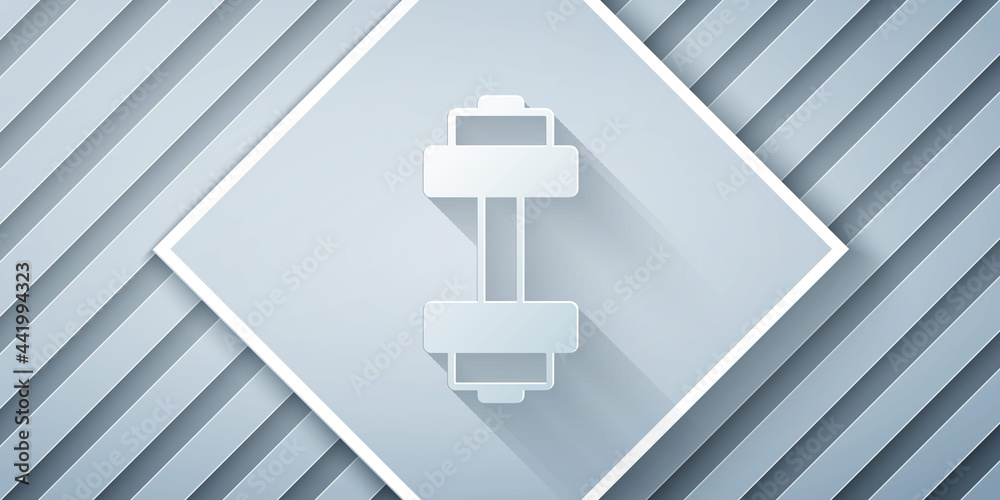 Paper cut Dumbbell icon isolated on grey background. Muscle lifting icon, fitness barbell, gym, spor