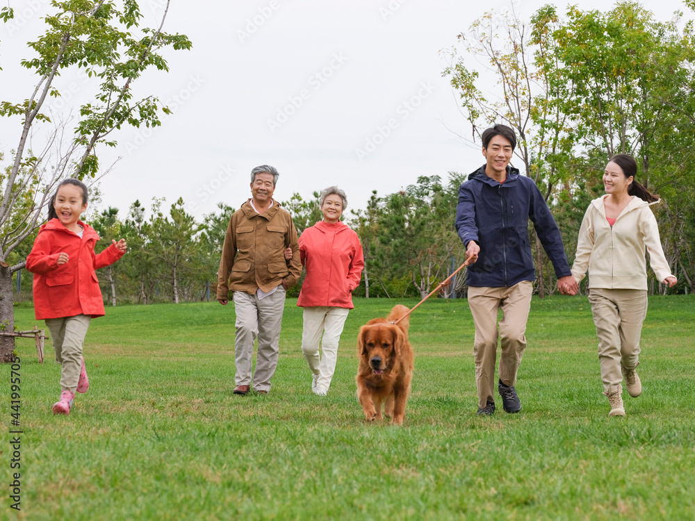 幸福的五口之家和公园里散步的宠物狗