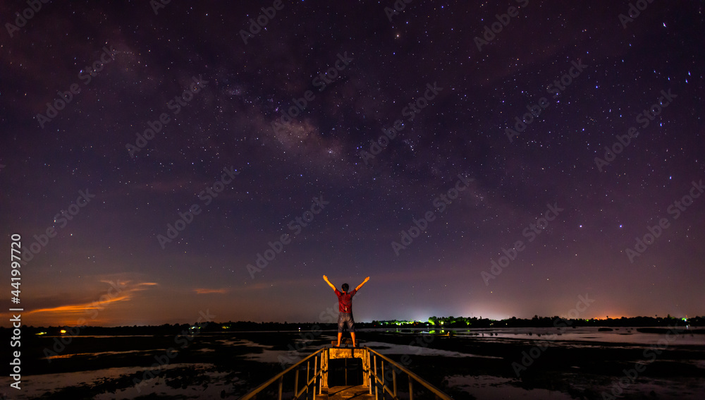 全景蓝色夜空，银河系和黑暗背景下的恒星。宇宙充满了恒星、星云和