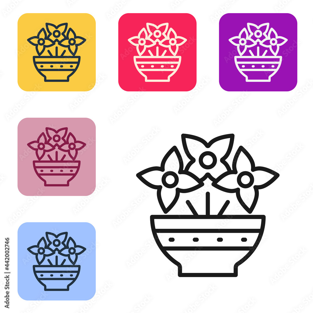 Black line Flower in vase icon isolated on white background. Set icons in color square buttons. Vect