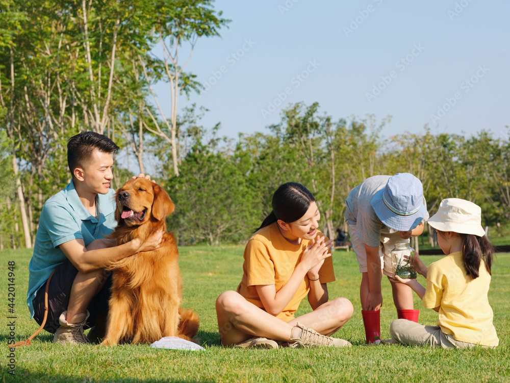 幸福的四口之家和在公园玩耍的宠物狗