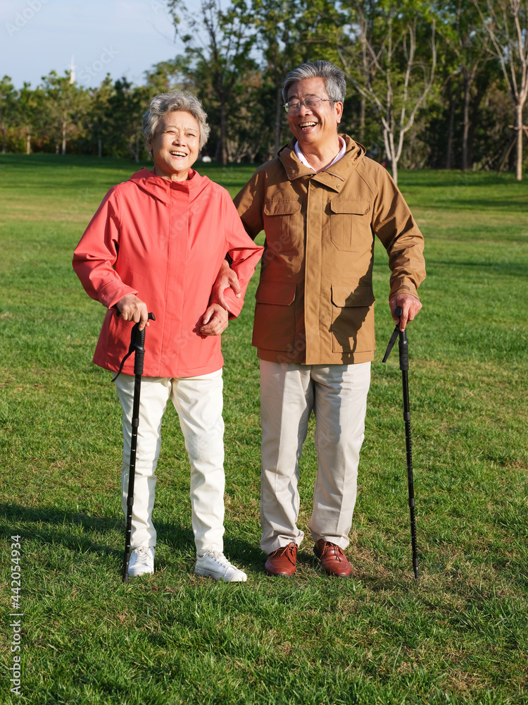 幸福的老夫妇在公园里散步