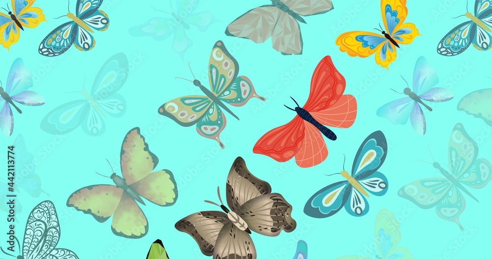 Composition of multiple rows of butterflies on blue background