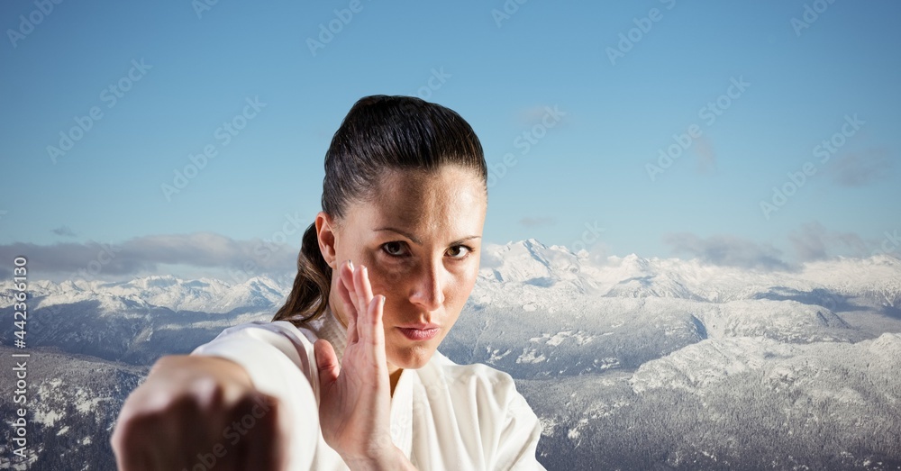 高加索女性婚姻艺术家肖像与冬季风景的数字合成图像