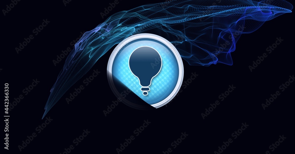 Light bulb icon and digital waves against black technology background